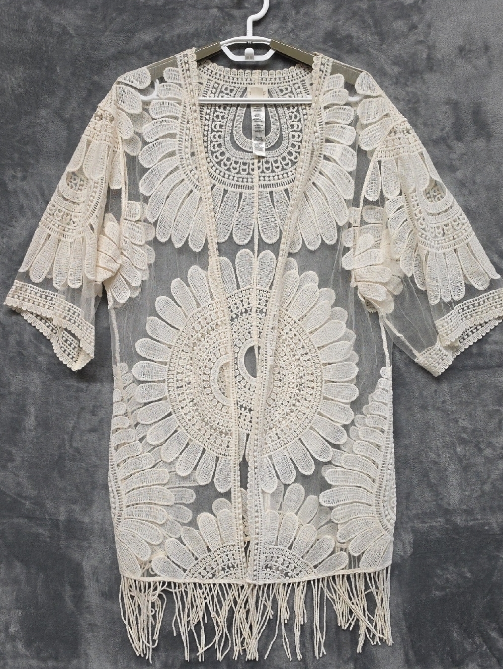 Chico's Cream Crochet Fringe Kimono Cardigan - Picture 2 of 8